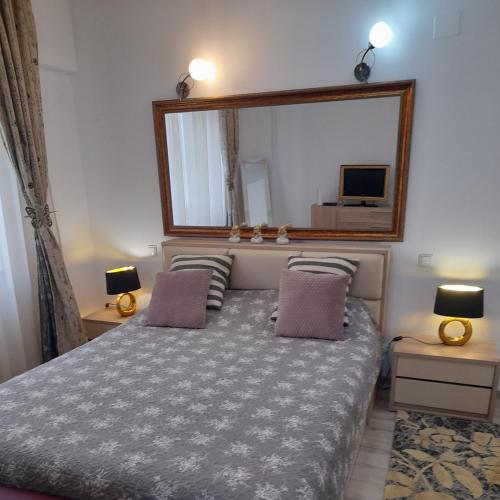 ein Schlafzimmer mit einem Bett, einem Spiegel und einem Fernseher in der Unterkunft Apartment River in Bacău