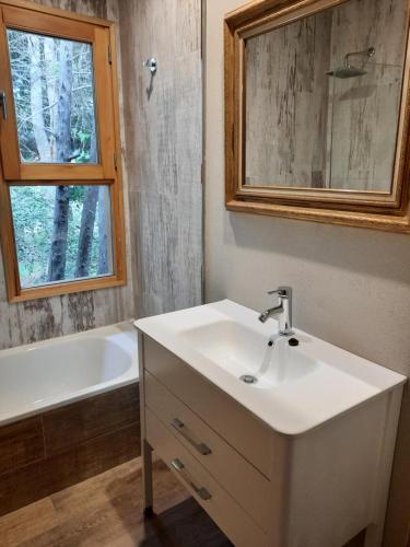 a bathroom with a sink and a tub and a mirror at Orn, Chill Out Houses By A.M.A in San Carlos de Bariloche