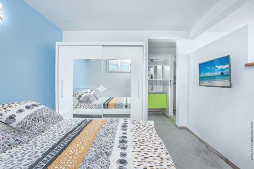 a bedroom with a bed and a mirror at Douceur Antilla apartment in Morne Blanc