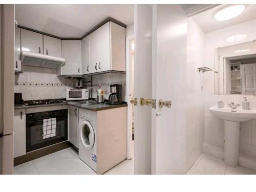 eine Küche mit einer Waschmaschine und einem Waschbecken in der Unterkunft Apartamento en el centro de Madrid (chueca) in Madrid