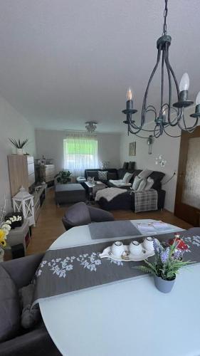 a living room with a couch and a chandelier at Wohnung am Mittellandkanal in Bohmte