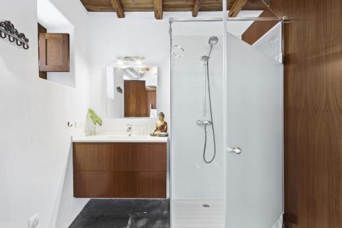 a bathroom with a shower and a sink at Ravishing Ibiza Villa Cel Blau 9 Bedrooms Private Pool & Beautiful Country Views Santa Eulalia in Santa Eularia des Riu