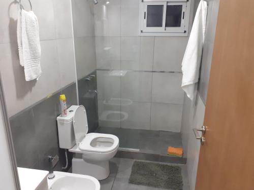 a small bathroom with a toilet and a shower at Residencia Schneider in Junín