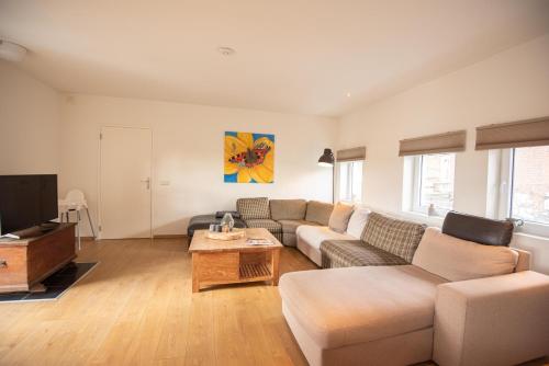 a living room with a couch and a tv at Jeanneke Bosch in Schin op Geul
