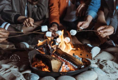 grupa ludzi siedzących przy ognisku w obiekcie Lake Of The Woods PH Entire Island Exclusive Glamping w mieście Cavinti