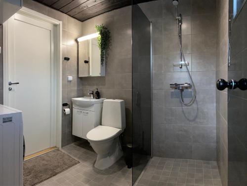 uma casa de banho com um WC e um chuveiro em Sankivillat em Oulu