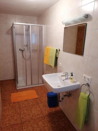 a bathroom with a sink and a shower at Embacher Marianne - Rotharlhof in Hopfgarten im Brixental
