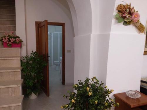 un pasillo con una puerta y algunas plantas y flores en Casa Angheledda, en Nulvi
