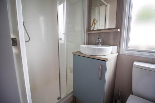 a bathroom with a sink and a shower at Stunning Caravan With Wifi At Azure Seas Nearby The Beautiful Beach Ref 32057az in Lowestoft