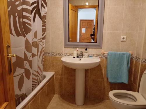 łazienka z umywalką, toaletą i lustrem w obiekcie Apartamento en zona Atalaya con garaje y WIFI w mieście Conil de la Frontera
