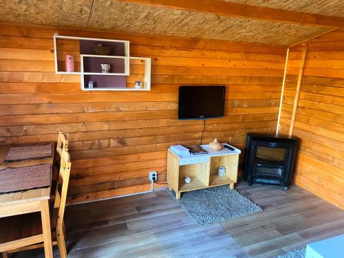 Habitación con pared de madera, TV y fogones. en Děčínska chatka en Děčín