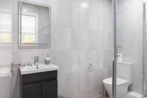 een badkamer met een toilet, een wastafel en een douche bij Fabulous Modern Luxury Apartment Sleeps 6- Parking in Belfast