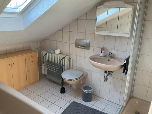 a small bathroom with a sink and a toilet at Apartment und Ferienwohnung Mackenbach in Mackenbach