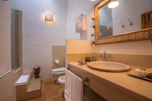 a bathroom with a sink and a toilet and a mirror at Casa rural Plaza Vieja en Bullas in Bullas