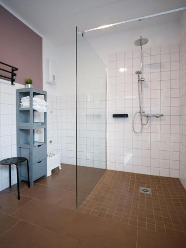 a bathroom with a shower with a glass door at Ferienwohnung auf dem Kore in Kirkel