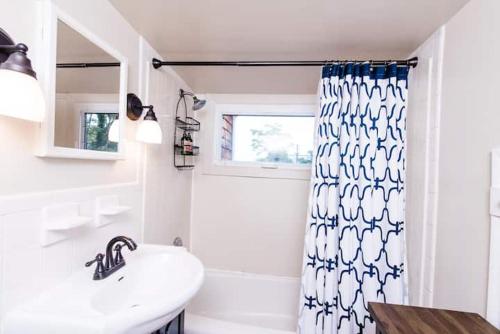 a bathroom with a sink and a shower curtain at Downtown Annapolis King George 3rd Floor Hideaway in Annapolis