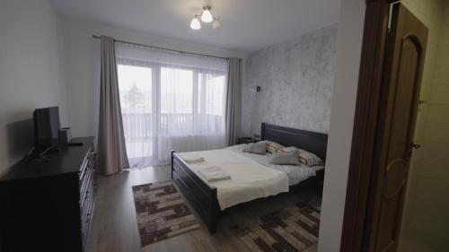 een slaapkamer met een bed en een groot raam bij Aqualina Colibita in Colibiţa