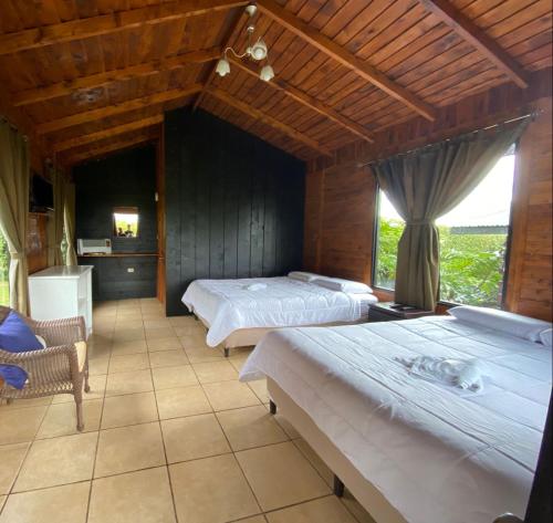 una camera da letto con due letti e una finestra di Grandpas Hotel & Restaurante a Cartago
