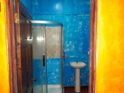 a blue bathroom with a shower and a sink at La Palapa Hut Nature Hostel in Puerto Jiménez