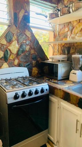 a kitchen with a stove and a stone wall at Villa Marcia in Boca Chica