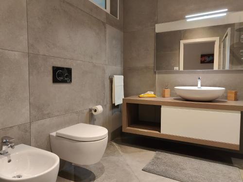 a bathroom with a white toilet and a sink at Chez George in Levico Terme