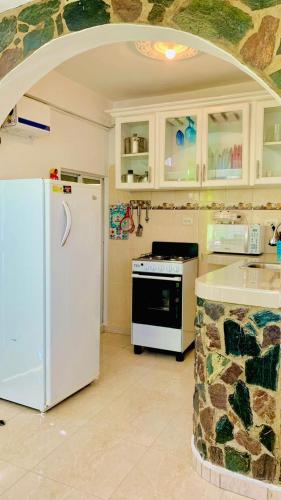 a kitchen with a white refrigerator and a stove at Villa Marcia in Boca Chica