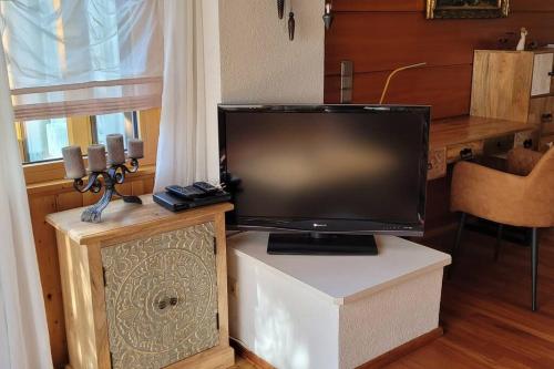 a large flat screen tv sitting on top of a table at Wohnung mit Garten, Sauna und Infrarotkabine in Mühldorf