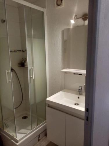une salle de bain blanche avec une douche et un lavabo dans l'établissement Appartement au cœur de la ville, à Ax-les-Thermes