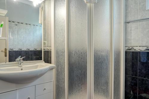 a bathroom with a shower and a sink at Casa do Pombal, a Home in Madeira in Arco da Calheta