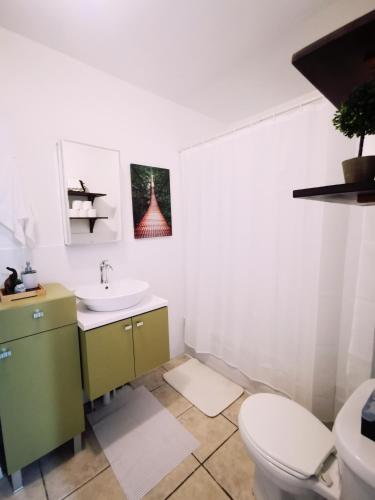ein Badezimmer mit einem weißen WC und einem Waschbecken in der Unterkunft Plush 2 bedroom unit 5min Downtown Off Wellington in Montreal