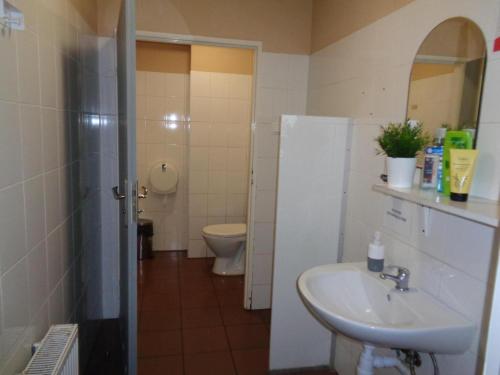 a bathroom with a sink and a toilet at GO Hostel Rewolucji in Łódź