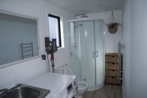 ein Bad mit einer Dusche, einem Waschbecken und einem WC in der Unterkunft Bach On Daniel in Martinborough 