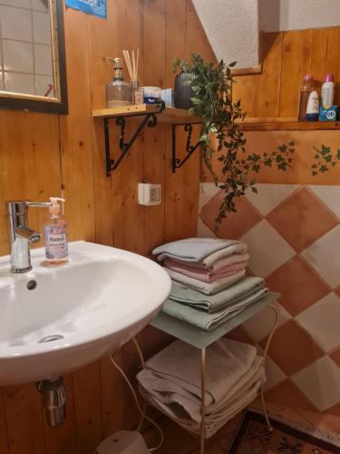 ein Badezimmer mit einem Waschbecken und einem Regal mit Handtüchern in der Unterkunft Vikendica Pahuljica in Risovac