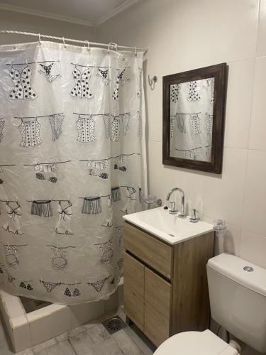 a bathroom with a shower curtain and a toilet and a sink at Patagonia Hope Suites in El Calafate