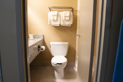 a bathroom with a white toilet and towels at Framingham Inn in Framingham
