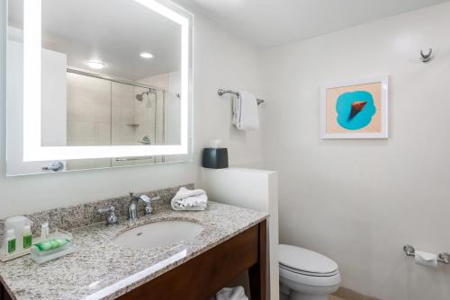 a bathroom with a sink and a toilet and a mirror at Holiday Inn Orlando – Disney Springs® Area by IHG in Orlando