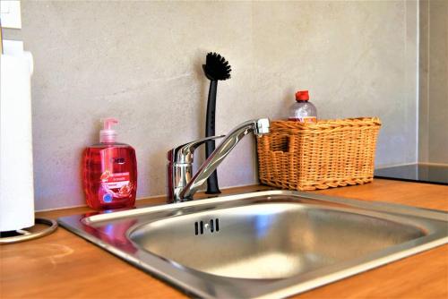a kitchen sink with a toothbrush and a bottle of soap at EMbnb - Studio Near Geneva - S204,4 in Étrembières