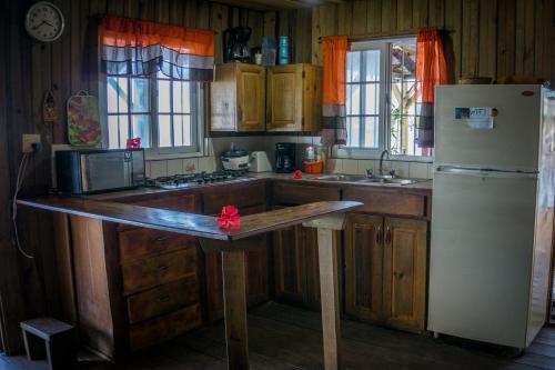 a kitchen with a counter and a refrigerator at Hostal On The Sea in Bocas del Toro