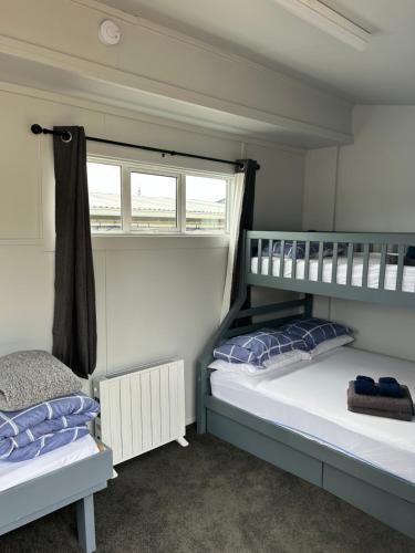 two bunk beds in a room with a window at Leithfield Beach Holiday Park in Leithfield
