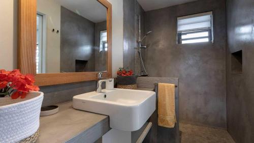 a bathroom with a white sink and a mirror at VILLA CHAMAREL in Flic-en-Flac