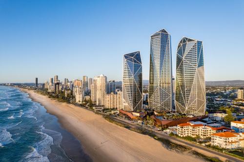 an aerial view of a beach with tall buildings at The Langham, Gold Coast and Jewel Residences in Gold Coast