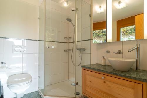 a bathroom with a shower and a toilet and a sink at Edelweiss Slope Side in Flims