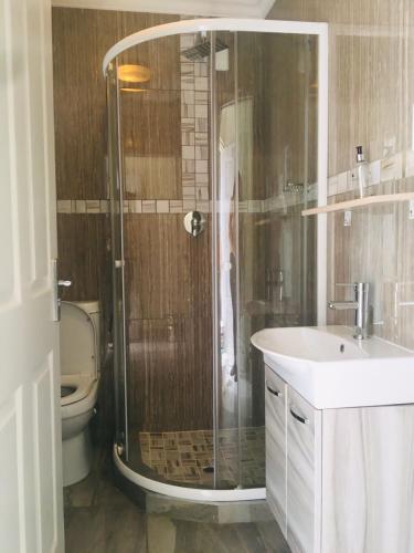 a bathroom with a shower and a sink and a toilet at Classy Guest House in Johannesburg