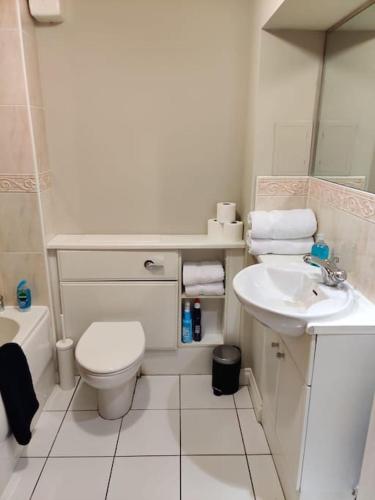 a white bathroom with a toilet and a sink at Next to the Palace and Royal Mile with parking in Edinburgh