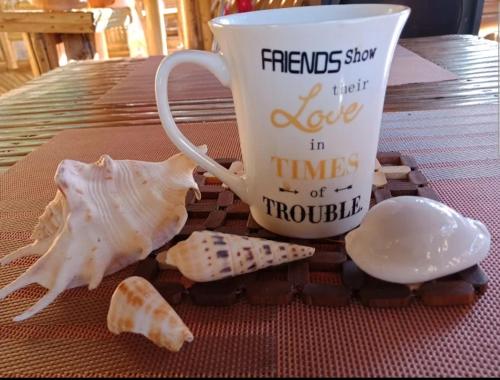 a table with a coffee cup and shells on it at Anikas vacation home in Coron