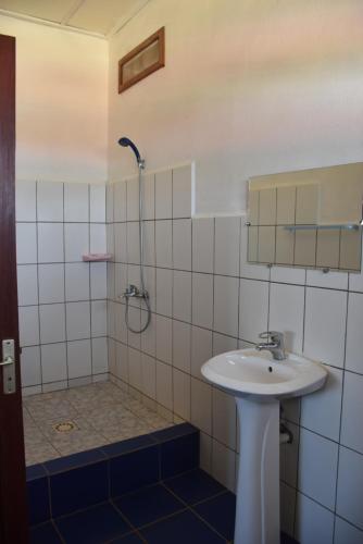 a bathroom with a sink and a shower at Centre Lucien Botovasoa in Antsiranana