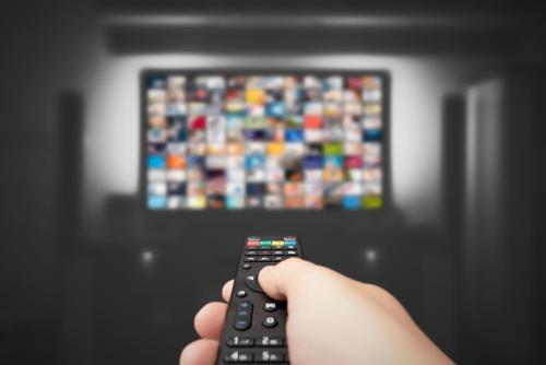 a person holding a remote control in front of a tv at Sotetsu Grand Fresa Kumamoto in Kumamoto