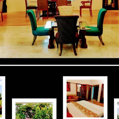 duas fotografias de uma sala de estar com cadeiras e uma mesa em Inayat Villa em Udaipur