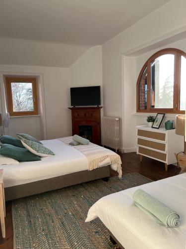 a bedroom with two beds and a television in it at O'Cottage suite Familiale in Annonay