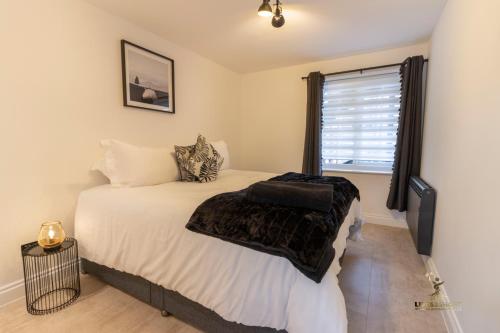 a bedroom with a bed and a window at Spacious City Centre Apt Near Cathedral in Exeter